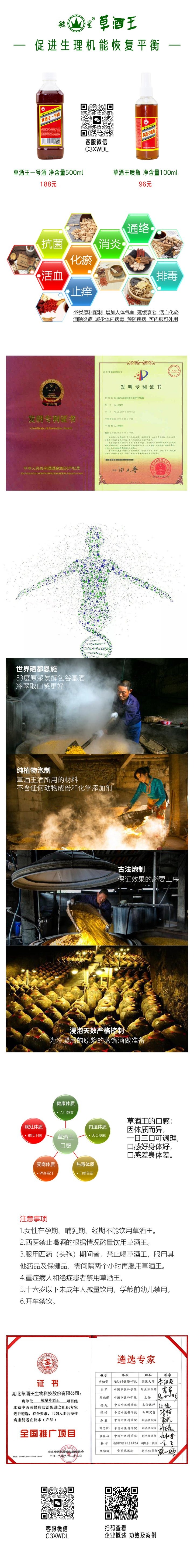 草酒王产品介绍图，包含草酒王一号酒和喷剂，产品功效，专利证书，制作工艺等信息